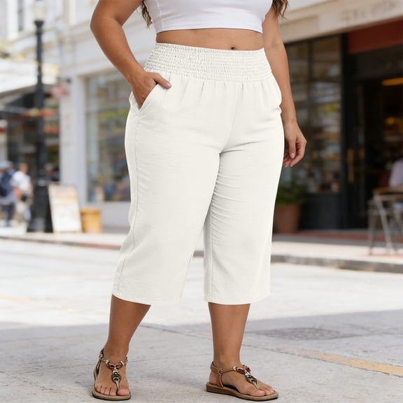 Cagogo Women Capri Pants High Waisted Elastic Waist Loose Flowy Casual Palazzo Cropped Trousers for Summer Beach Work Lounge with Pockets Solid Basic Vacation Clothes, White 3XL