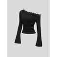 thumbnail image 4 of Women's Asymmetric Shoulder Flare Long Sleeve Ruched Top & Drawstring Wide Leg Pants Elegant 2 Piece Outfit Set, 4 of 8