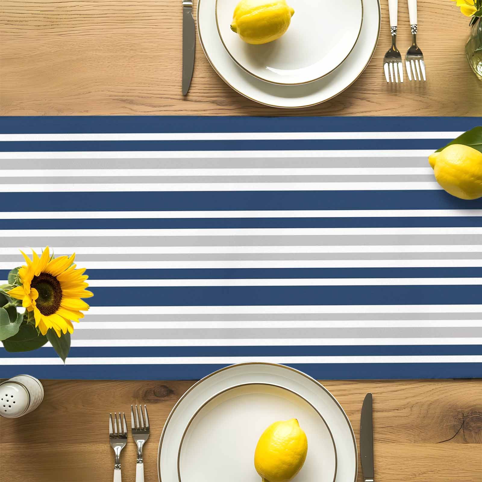 Classic Modern Striped Table Runner 90 Inches Long, Grey White Navy Blue Table Runners Tabletop Scarf Kitchen Dining Tables Decoration for Home Party Indoor Outdoor