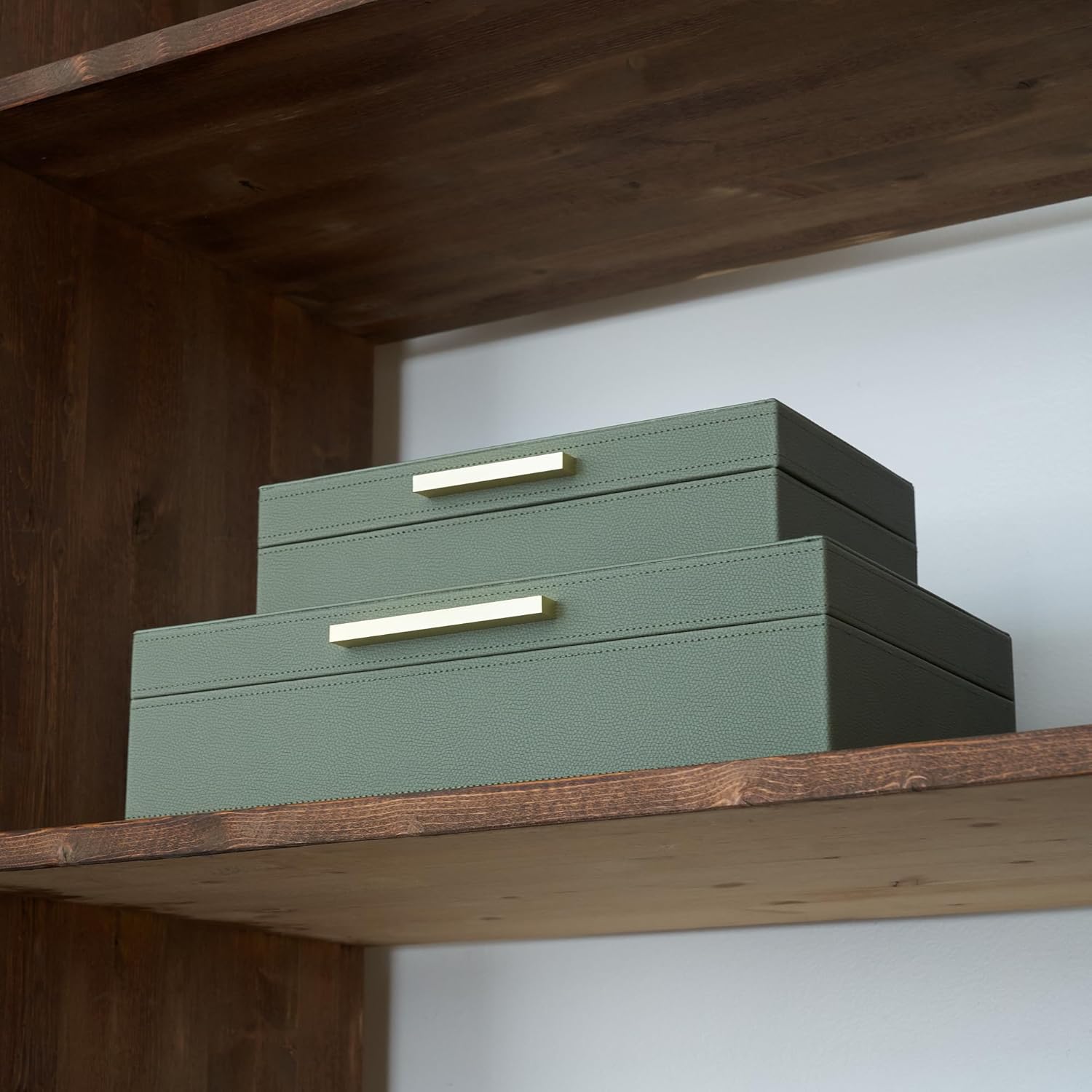 Decorative Storage Boxes with Lids – Set of 2 Beautiful PU Leather Organizer Bins for Your Bookshelf Home Decor - Safely Store Photos, Documents and Memory Box Keepsakes in Style