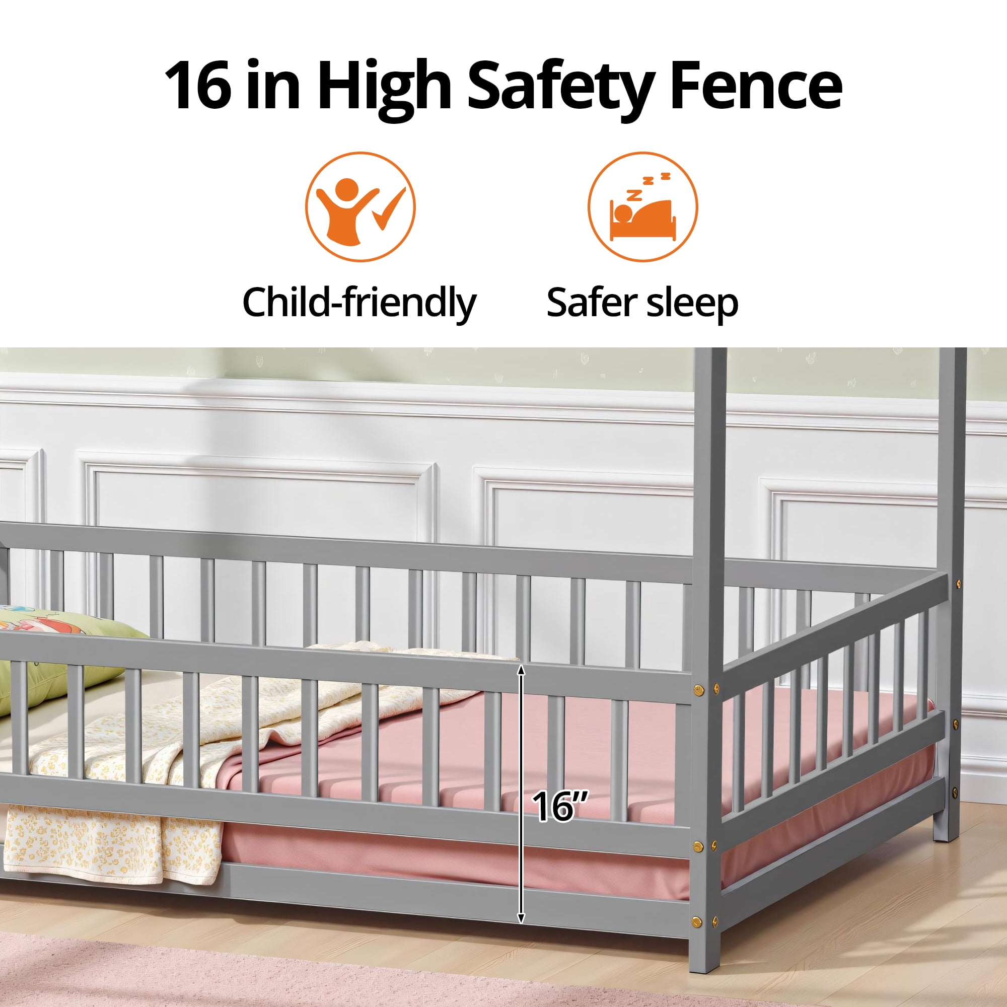 Twin Size Floor Bed, House Floor Wood Bed with Roof Frame for Kids Toddlers Teens, Montessori Bed Frame with Fence-Shaped Guardrail, without Slats, Gray