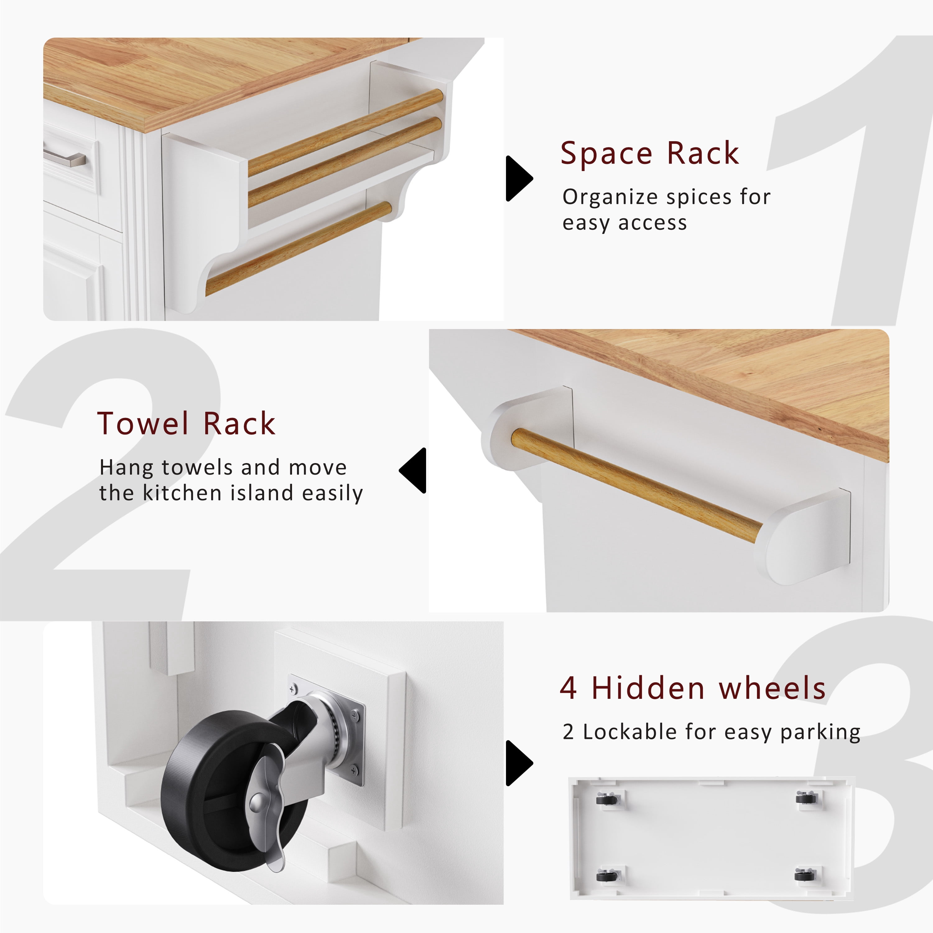 EUROCO 54" Large Kitchen Island with Rubber Wood Drop Leaf,Embossed Texture Rolling Kitchen Cart on Wheels with 4 Doors and 3 Drawers,Kitchen Island with Storage for Kitchen, Dining Room,White