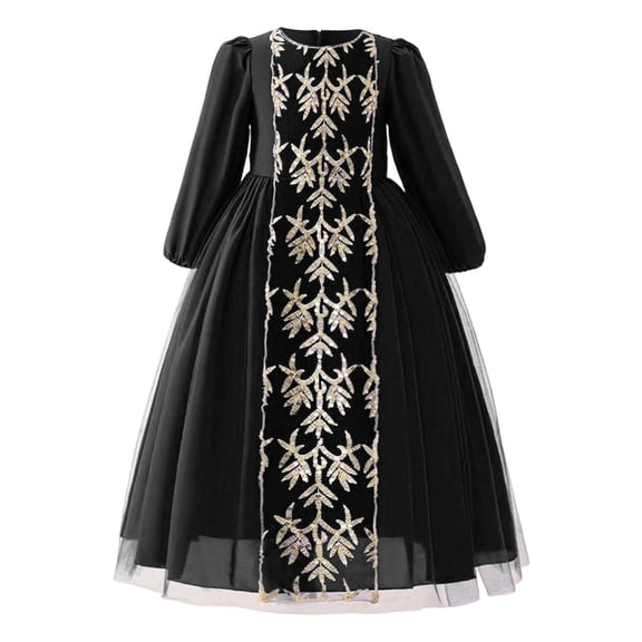 RUTAYY Children Girls Dress Long Sleeve V-Neck Party Embroidery Sequins Gown Comfortable Breathable Travel Vacation Dresses