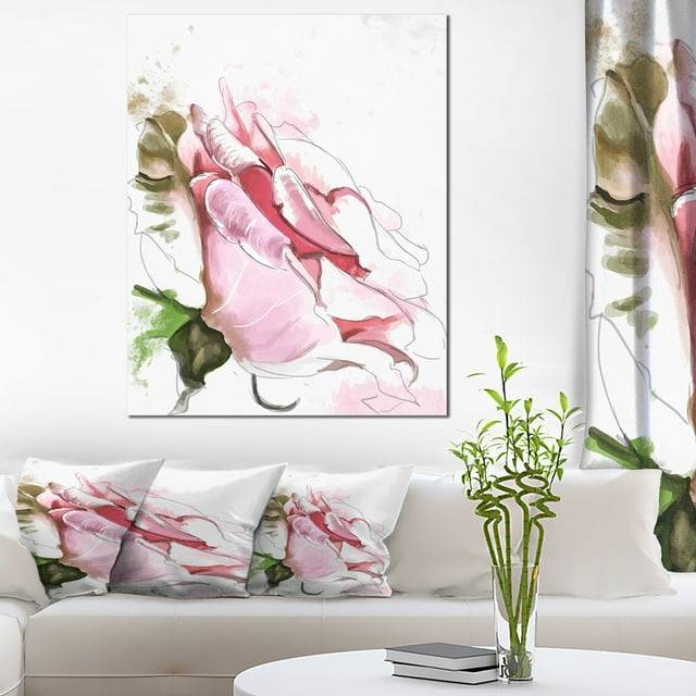 Pink Rose Illustration on White - Floral Canvas Art Print