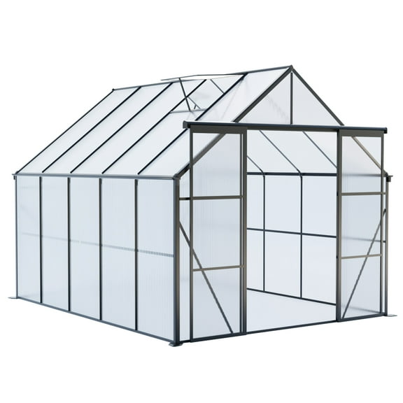 8x10FT Double Door Polycarbonate Greenhouse - Heavy-Duty Walk-In Design with Raised Base and Anchors. Perfect for Year-Round Gardening in Your Backyard. Stylish Black Finish for Every Season