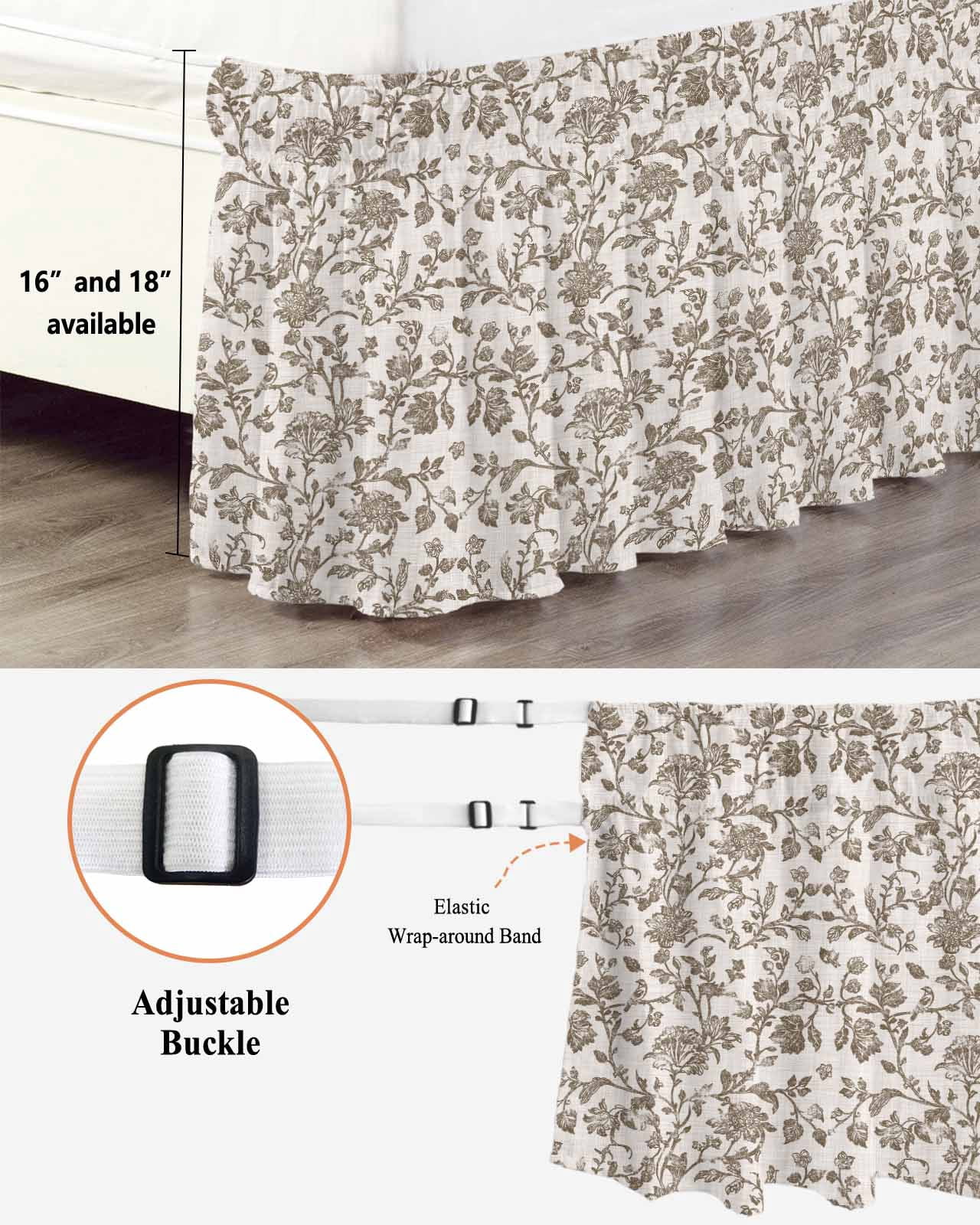 Farmhouse Brown Bed Skirt Cal King Size, Vintage Flower Leaf Botanical Plant Wrap Around Bed Skirting with Adjustable Elastic Strap, Dust Ruffled Pleated Bedskirts 16 Inch Drop for Bedroom Beds