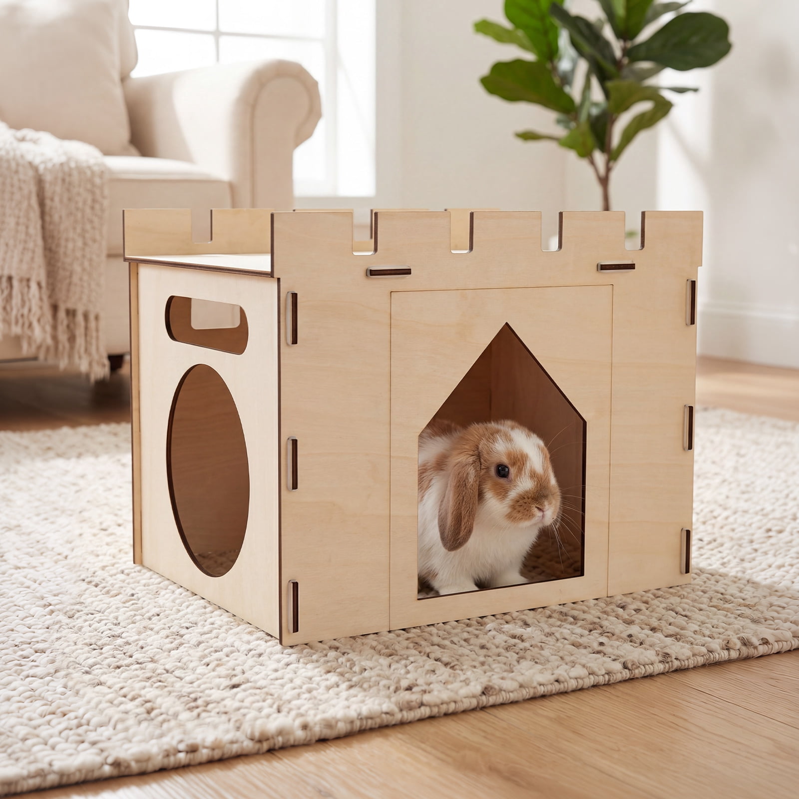 Wooden Bunny Castle House Easy Assembly Large Rabbit Hideout House Detachable Rabbit Castle Playhouse for Guinea Pig Chinchilla