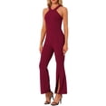 thumbnail image 4 of INSPIRE CHIC Halter Neck Jumpsuits for Women's Sleeveless High Waist Split Hem Flare Leg Elegant Jumpsuit XS Wine Red, 4 of 6
