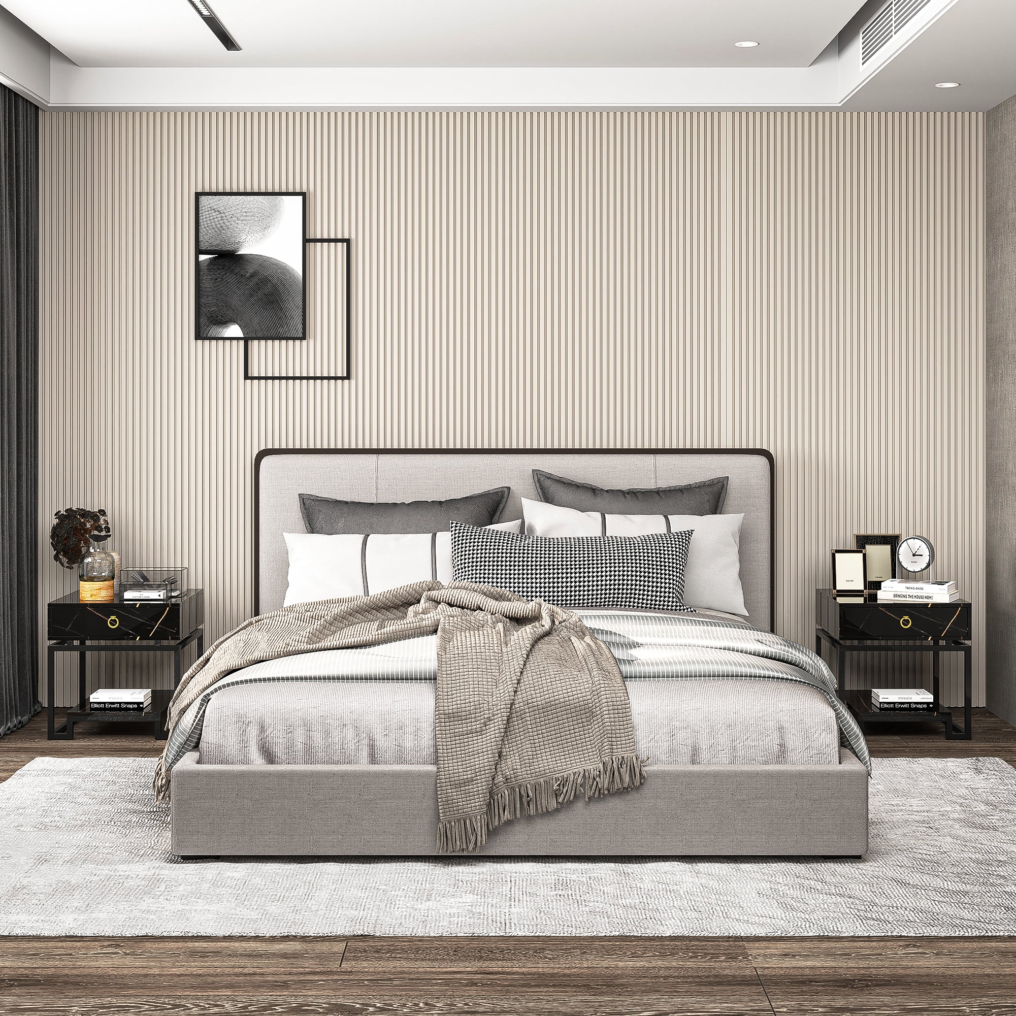 Resenkos Black Marble Nightstand for Bedroom with Golden Handle, Modern Drawers and Shelf Bedside Table