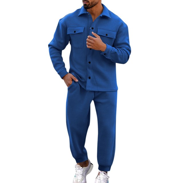 Uinagy Men's Autumn and Winter Fashion Jacket Button Coat Pants Two-Piece Suit