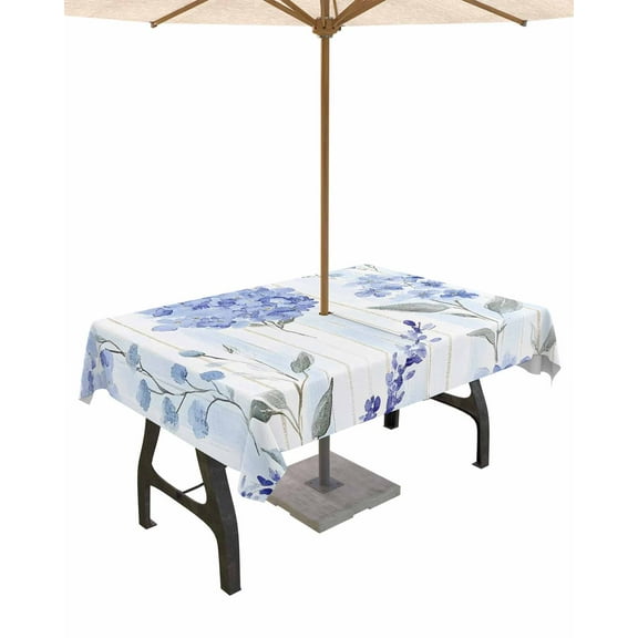Fsddascl Hydrangea Leaves Outdoor Tablecloth - 52x70 Inch Rectangle Dining Table Cover, Blue Striped Botanical Floral Waterproof Outdoor Table Cloth with Umbrella Hole & Zipper for Picnic/Patio