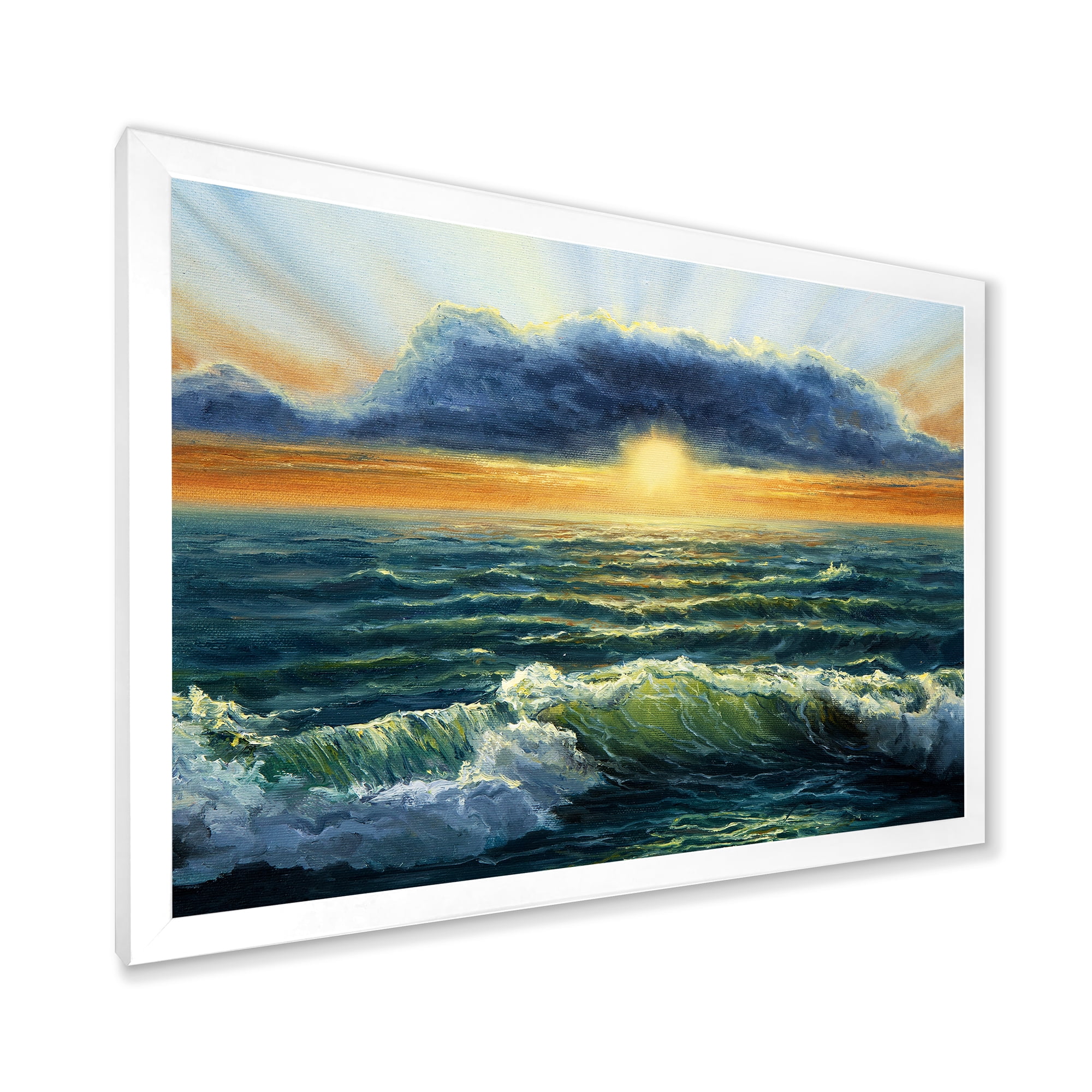 Designart 'The Blue Ocean In Sunset Evening I' Nautical & Coastal Framed Art Print