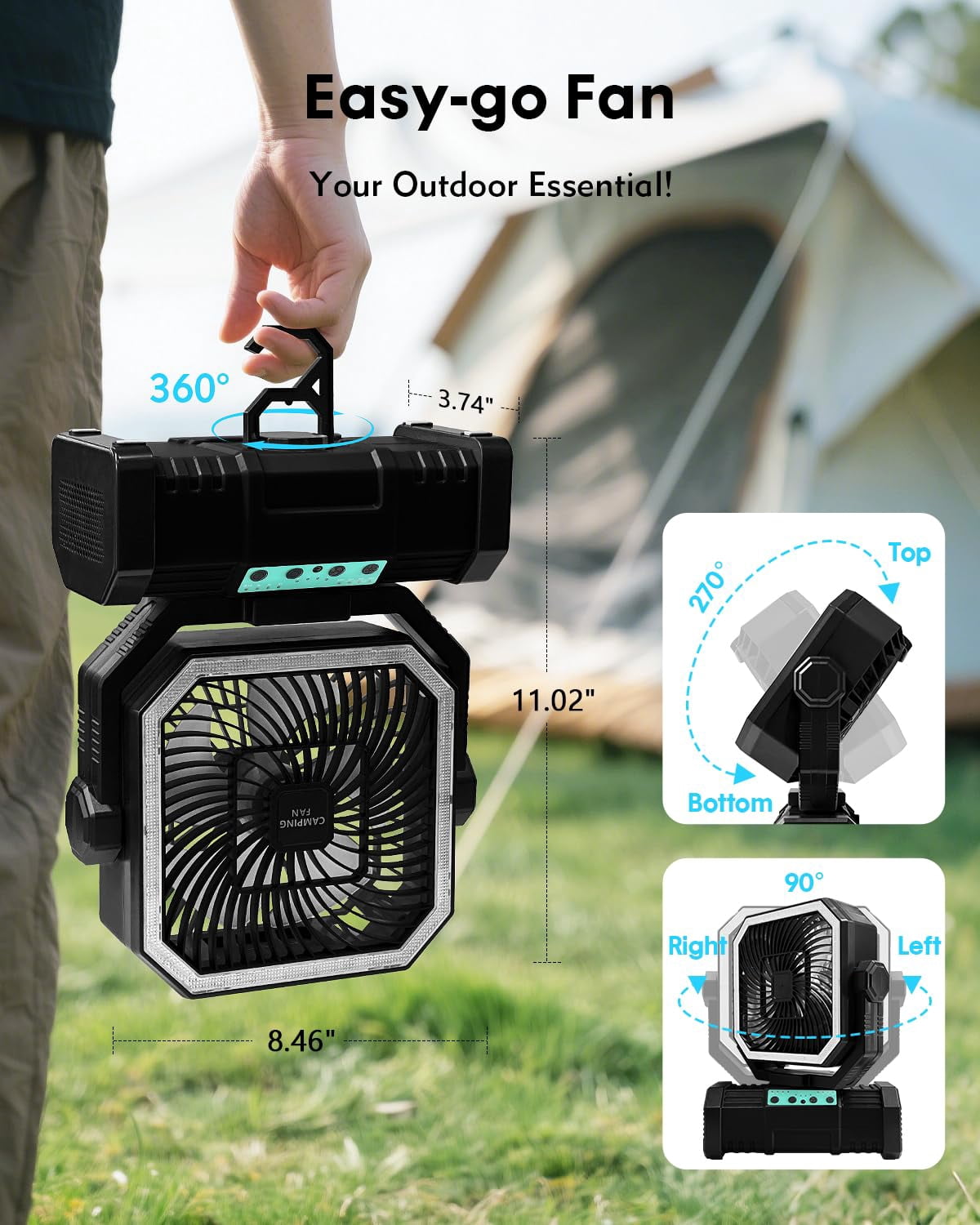 Camping Fan with Bluetooth Speaker, 20000mAh Rechargeable Battery Powered Fan with LED Light, Remote Control, Timer, Power Bank, 360° Hook, Tent Fan for Camping, Outdoor, Emergency Use, Black