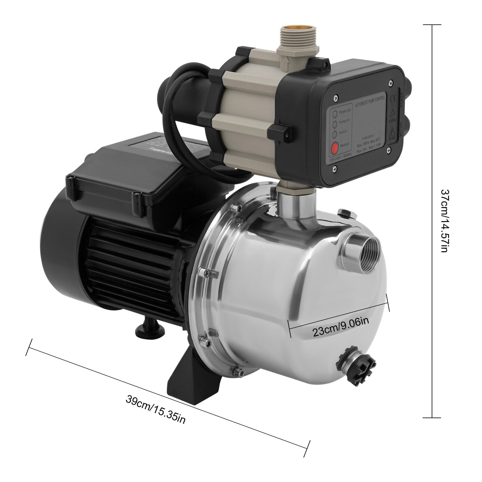 Shallow Well Pump, 115V 1.5HP Water Pump with Control Box, Durable Cast Iron Stainless Steel Jet Pump for Garden Irrigation Lawn Water Transfer