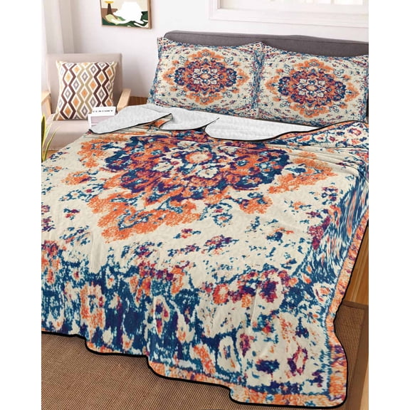 Boho Orange Blue Queen Size Down Alternative Comforter, Lightweight Comforter Quilt Bedding Set with Pillow Shams Boho Vintage Geometric Ethnic Art All Seasons Bed Comforter Duvet Insert 90"x96"