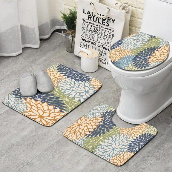Blue Floral and Petal Pattern Bathroom Rugs Sets 3 Piece,Toilet Cover Set,Absorbent Non Slip Bathroom Mats Sets with U-Shaped Contour Rug Toilet Rug Set