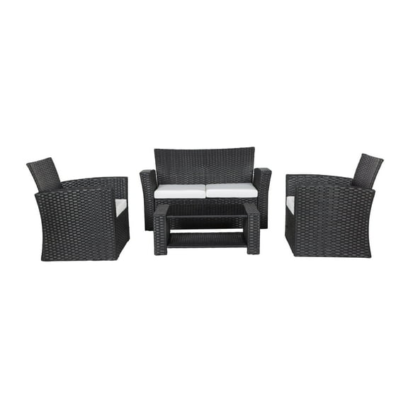 WestinTrends 4pc Outdoor Furniture Conversation Sofa Set with Loveseat, Cofee Table and Cushions, All Weather UV Resistant Rattan Wicker Patio Chairs, Black/White