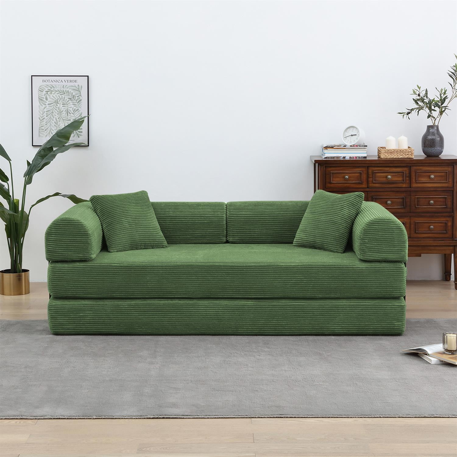 Demi Bonn 77" Convertible Sleeper Sofa Bed, Corduroy Foldable Mattress Couch with Cylindrical Pillow & Fixed Frame for Living Room, Bedroom, Green
