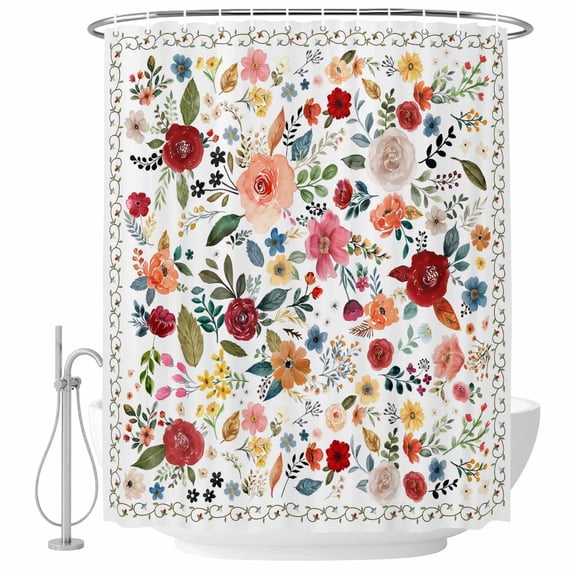 Small Stall Shower Curtain 36x72 Inch Narrow Half Size Watercolor Flowers Bath Curtains Bathroom Decor, Farmhouse Spring Floral Botanical Waterproof Fabric Shower Curtain Set with Hooks 36 Inch