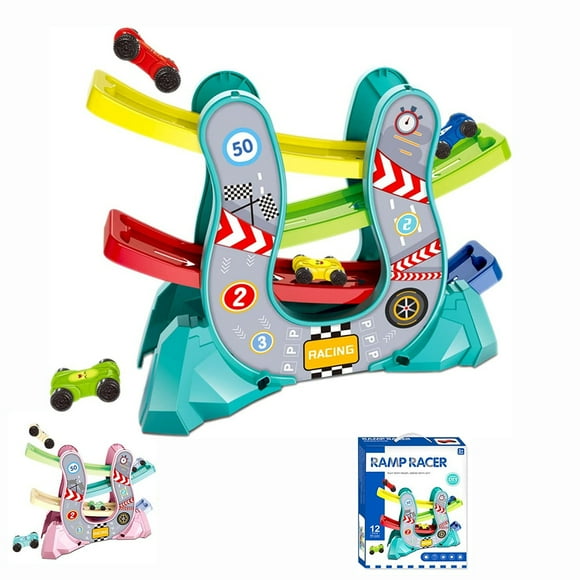MesaSe Gliding Car Toy--4-layers Race Track Toy with 4pcs Cars U-Shaped Car Slide Track Toy Enhance Parent-Children Relationship Racing Track Toy for Boys Girls (Pink)