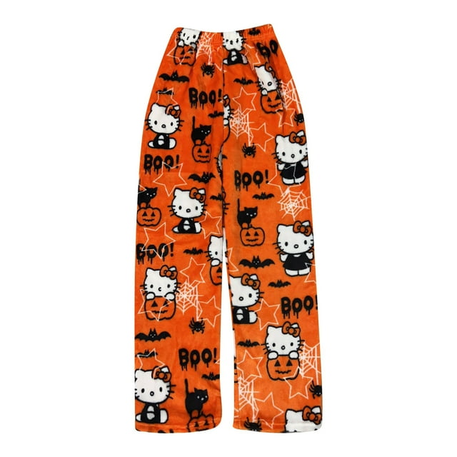 Hello Kitty Womens Pajamas Pants Pjs Halloween Pajamas Y2k Anime Cartoon Cat Pajamas for Women Couple All Over Print Bottoms Sleep Pajamas Pants Flannel Pajama Pants