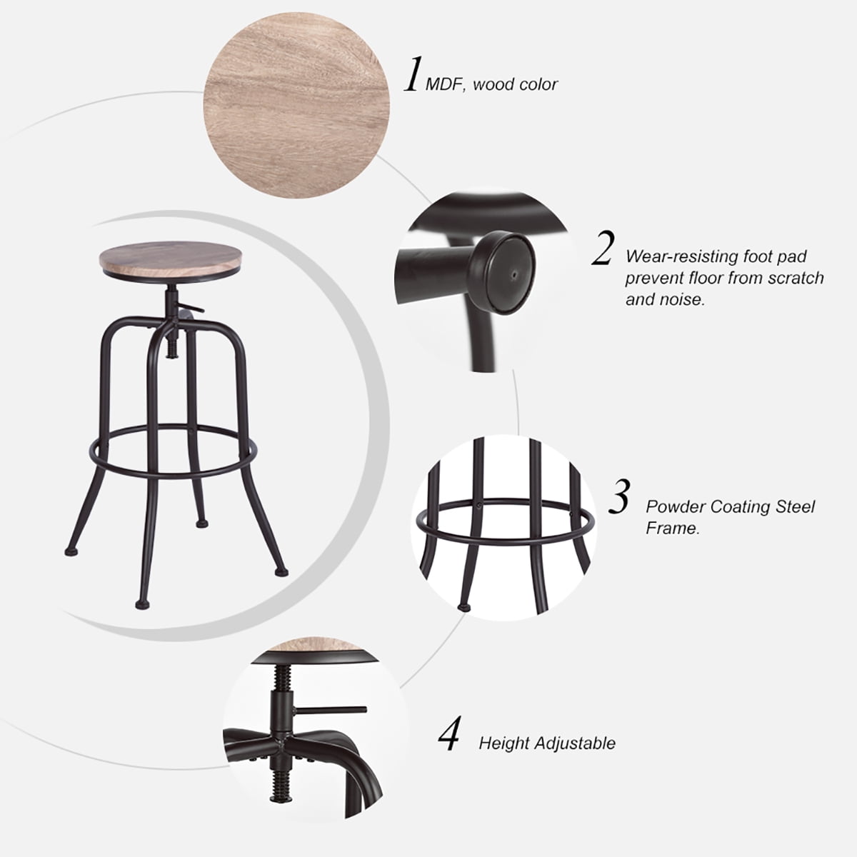 Kepooman 27" Industrial Vintage Bar Stools Set of 2, Counter Height Leather Bar Stools, Metal Frame Wooden Top Stool