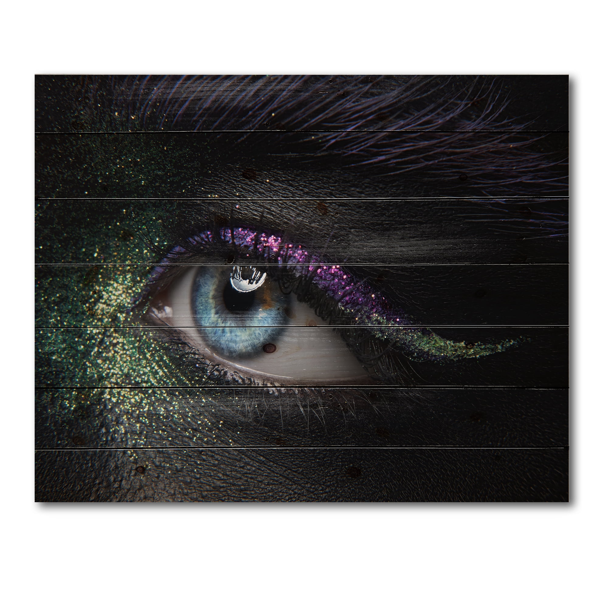 Designart 'Woman Eyes With Green & Purple Pigment & Sparkles' Modern Print on Natural Pine Wood