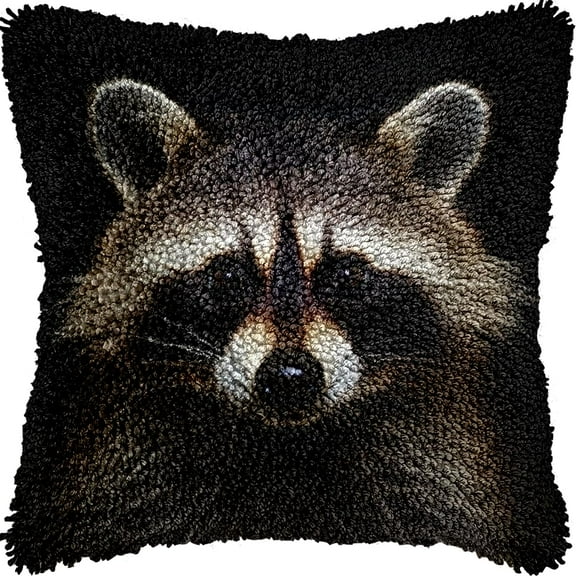 Animal Cute Raccoon Latch Hook Pillow Kits Color Printed Cushion Crochet Yarn Needlework DIY Hook Latch Kit Pillowcase Rug Cover Home Sofa Christmas Decor 43x43cm