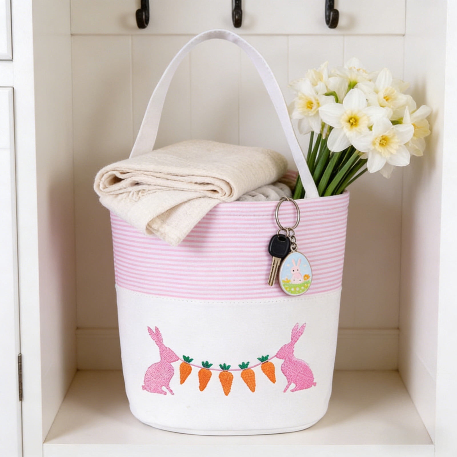 REZUOFI 2 Pcs Easter Bunny Handheld Basket with Embroidered Design for Party Favors Candy Storage and Home Decor Tote Bag for Spring Celebrations