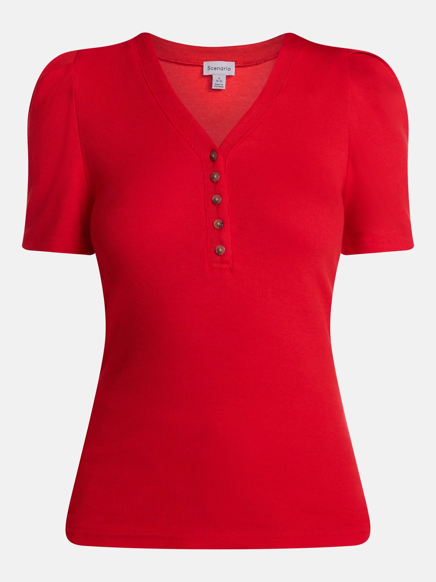 Scenario Women's V-Neck Henley Top with Short Puff Sleeves, Sizes XS-XXXL