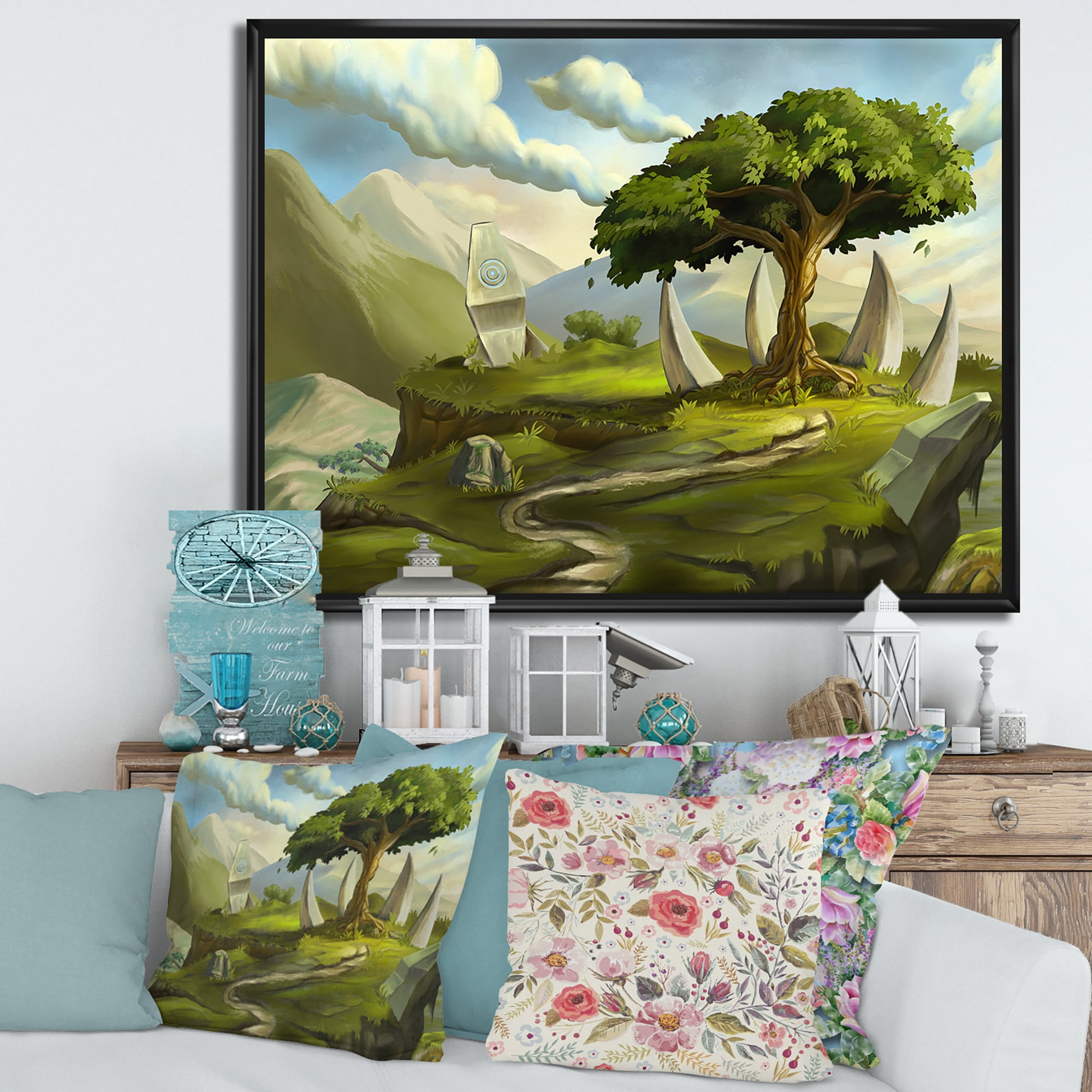 Sacred Tree In A Fantasy Green Landscape 32 in x 24 in Framed Painting Canvas Art Print, by Designart