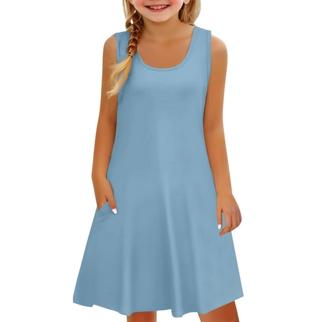 Fnhpitd Robe Sans Manches à Imprimé Dégradé pour Filles Robe d'Été Sans Manches Couleur Unie avec Poches Débardeur Décontracté Bleu Clair, 110