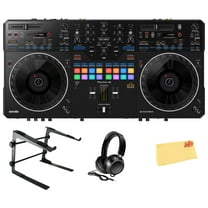 Pioneer DDJ-REV5 4-Deck DJ Controller - Black Bundle with Laptop Stand, Headphones, and Austin Bazaar Polishing Cloth