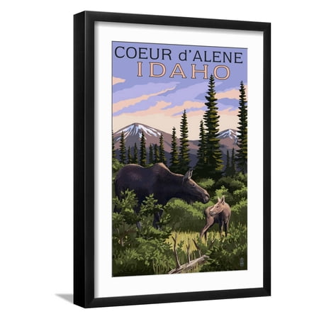 Art.com Coeur D'Alene, Idaho - Moose and Baby Calf Art Print by Lantern Press, Black Frame Wall Art, 17" x 23"