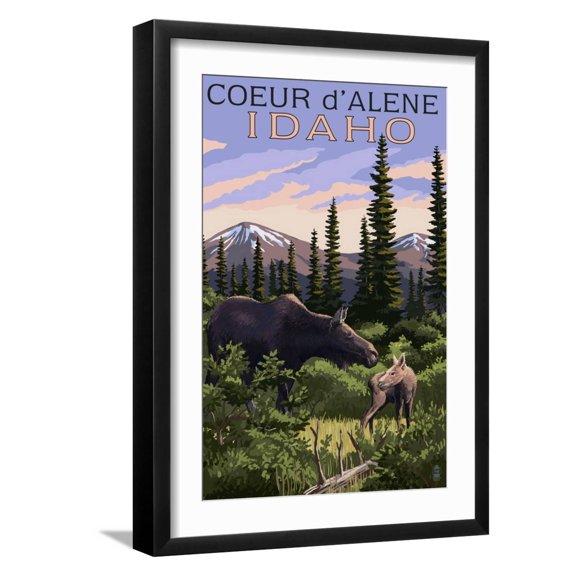 Art.com Coeur D'Alene, Idaho - Moose and Baby Calf Art Print by Lantern Press, Black Frame Wall Art, 17" x 23"