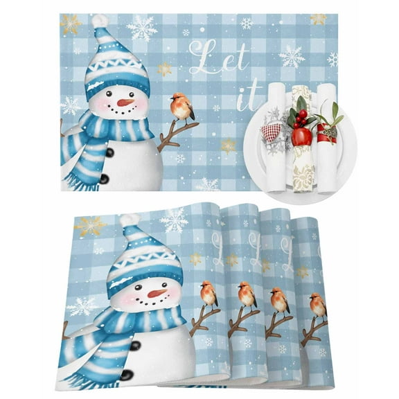 Christmas Placemats Set of 6, Snowman Place Mats Bird Snowflake Blue Plaid Placemat Table Decoration for Kitchen Table Dinner Xmas Holiday Party Home Decor Indoor Outdoor 13x19 Inch