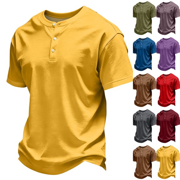 Men's Casual Henley Shirts Classic Button Short Sleeve T-Shirt Summer Basic Lightweight Tees Tops Beach Vacation Clothes Yellow 4XL