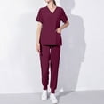 thumbnail image 2 of UYISJ Scrubs Sets for Women Stretch V-Neck Scrub Top & Jogger Pant Casual Regular Fit Outfits Solid Color Tracksuits with Pockets Wine S, 2 of 6