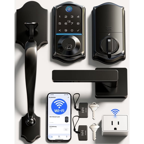 Veise VE017G-H Wi-Fi Smart Door Lock Deadbolt with Handle Set, Matte Black | Voice and Remote App Control, 2 Fobs, Fingerprint Keyless Entry Front Door, Touchscreen Keypad, IP55 Weatherproof