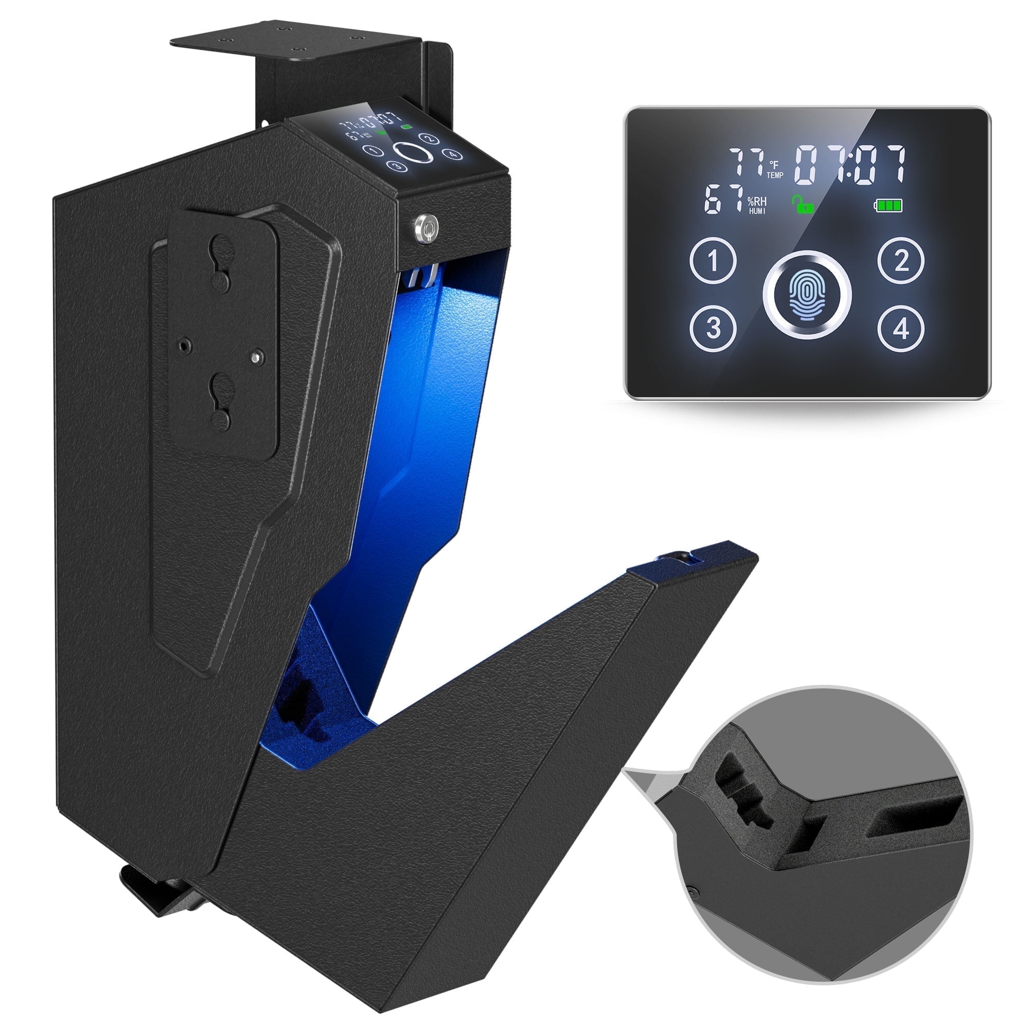 Quick Access Biometric Mounted Safe – Drop-Down Design with Fingerprint, Passcode & Key – Compact Security Box for Home or Office Valuables