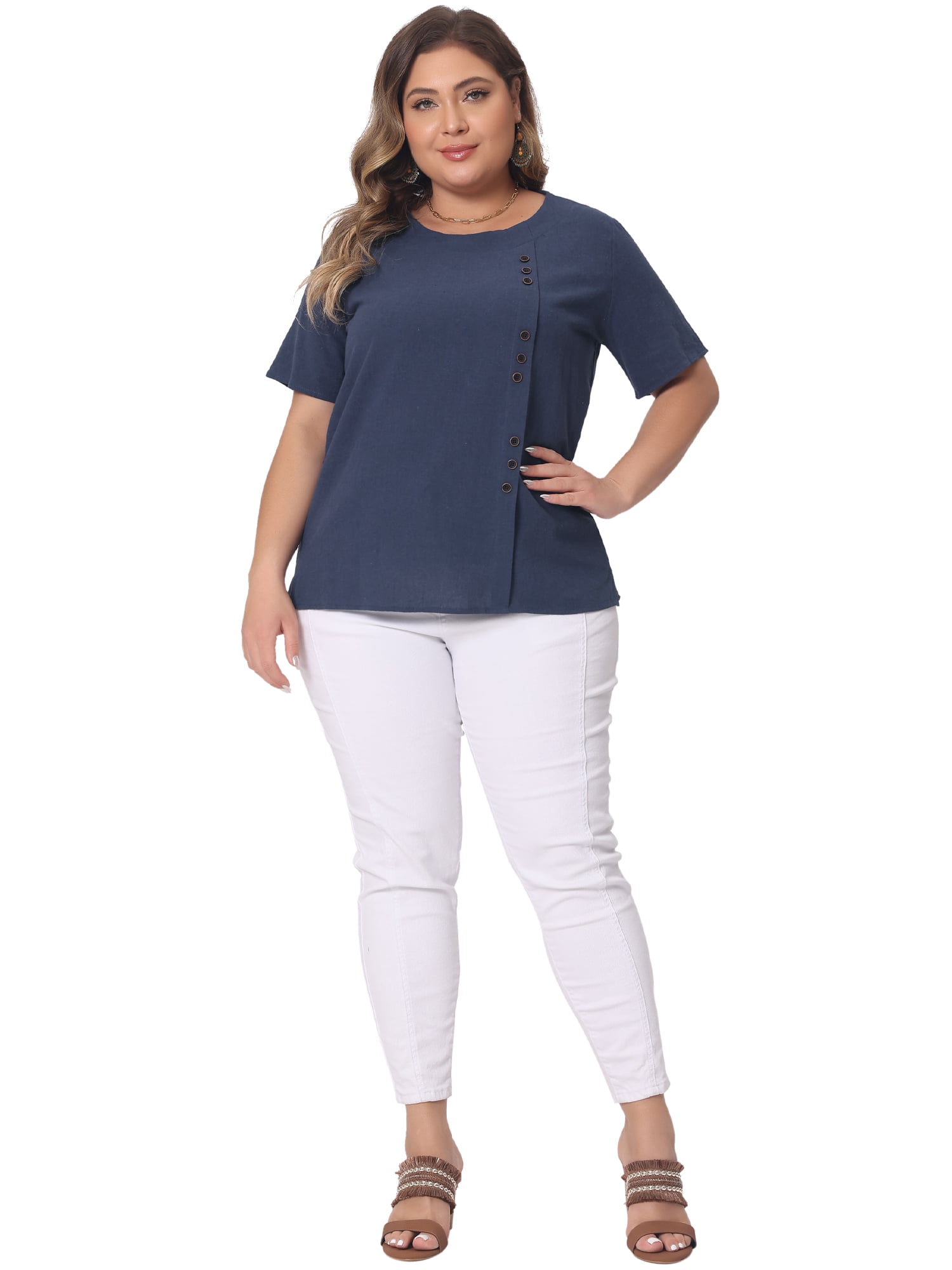 Women's Plus Top Short Sleeve Crew Neck Cotton Linen Blouses Top T Shirt 2X Navy Blue