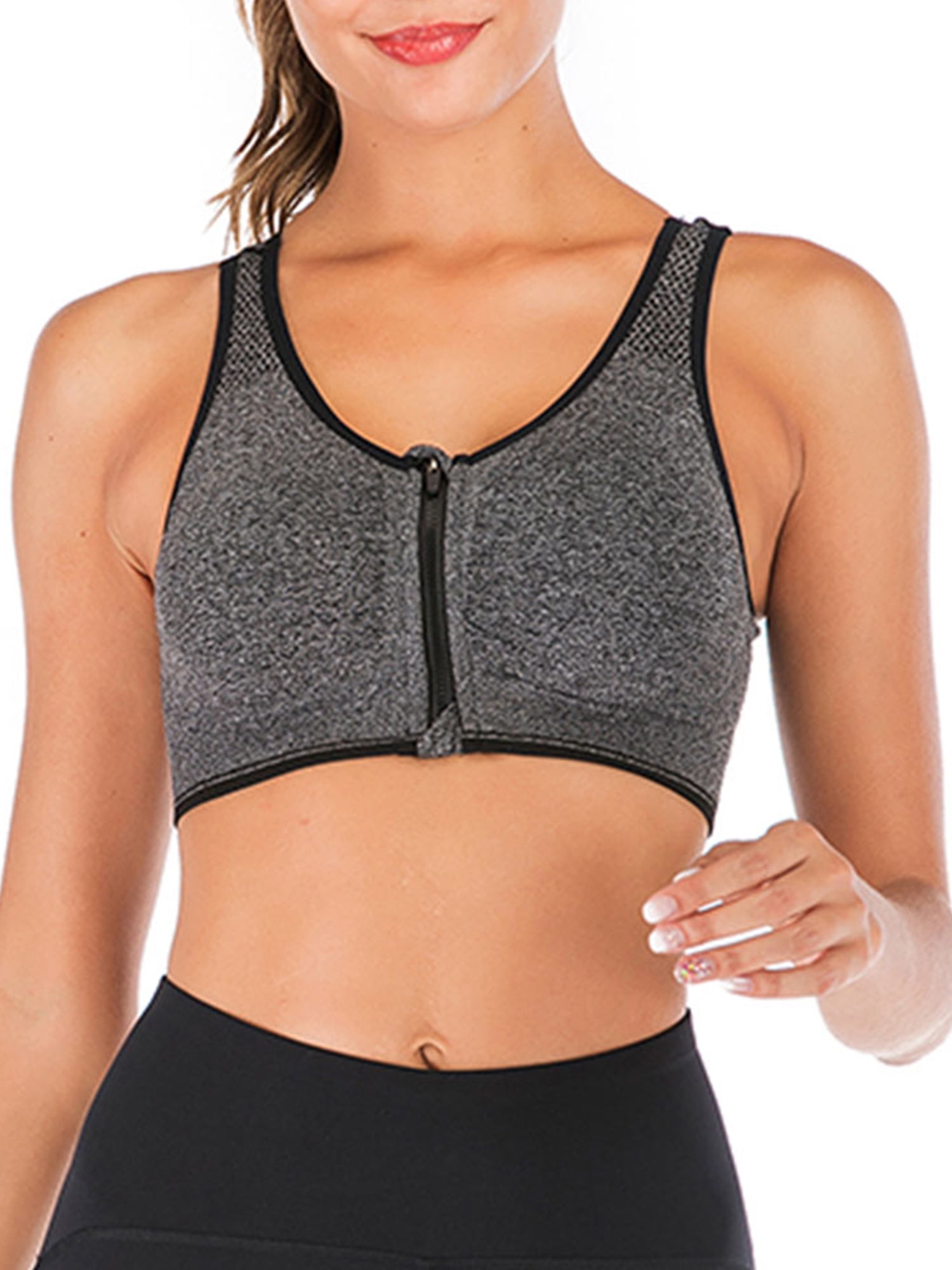 Women's Zip Front Closure Sports Bra Racerback Yoga Bras With Removable  Pads Gray L 