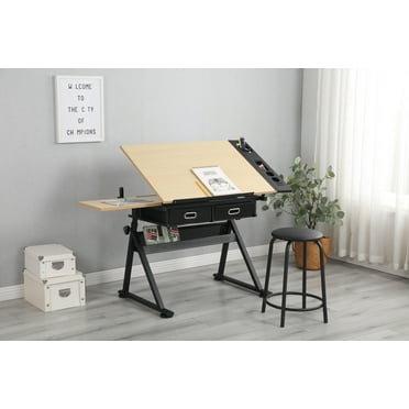 Yoneston Adjustable Drawing Table Drafting Desk with Stool & 2 drawers for Home Office and School