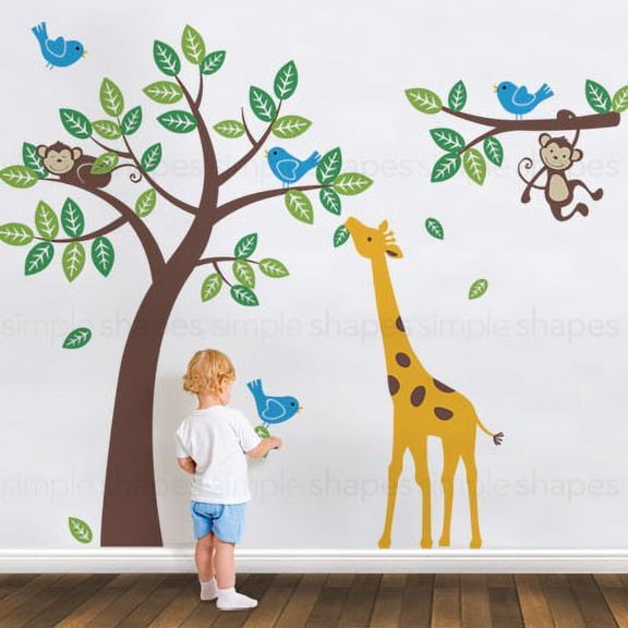 Tree Wall Decal with Monkeys Giraffe and Birds - Scheme A