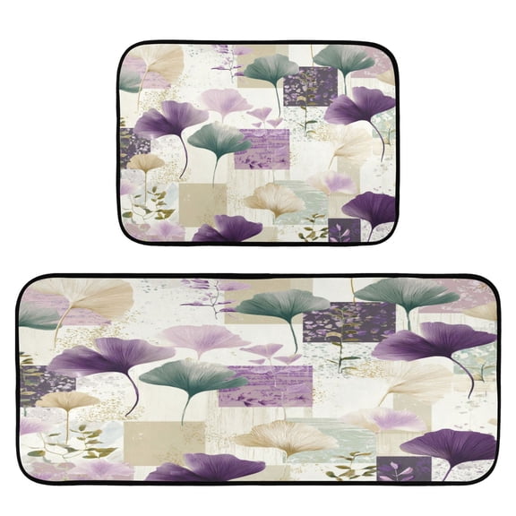 2-Piece Kitchen Rugs Set Non-Slip Mats Carpet Floor for Kitchen, Bathroom (19.7"x27.6" & 19.7"x47.2") Ginkgo Leaves and Petals