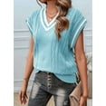 thumbnail image 5 of Oversized Sweater Vest for Women V Neck Cap Sleeve Cable Knit Vest Loose Striped Pullover Tank Tops Blue S, 5 of 8
