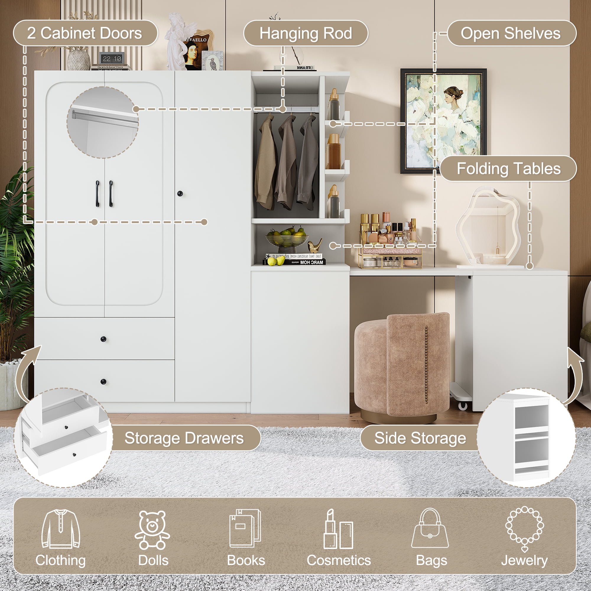 Mintazer Multifunctional Wardrobe Closet with Convertible Foldable Desk & Open Shelves, Clothes Storage Cabinet with Hanging Rod & Drawers for Bedroom Cloakroom Apartment, White