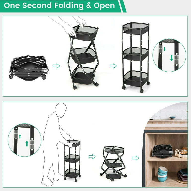 Gymax Heavy Duty Steel 3-Tier Rotating 1-Second Folding Movable