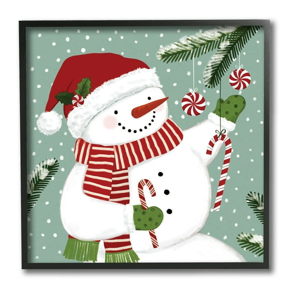 Stupell Industries Candy Cane Snowman Peppermint Winter Ornaments Holiday Painting Black Framed Art Print Wall Art, 12 x 12