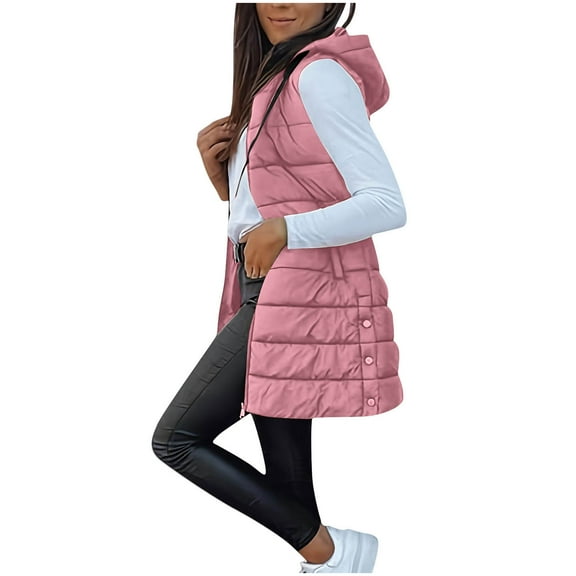 Pxkloy Plus Size Long Vest for Women Solid Puffer Winter Jackets Quilted Padded Full Zip Coats with Hooded Casual 2025 Outerwear Pink,S